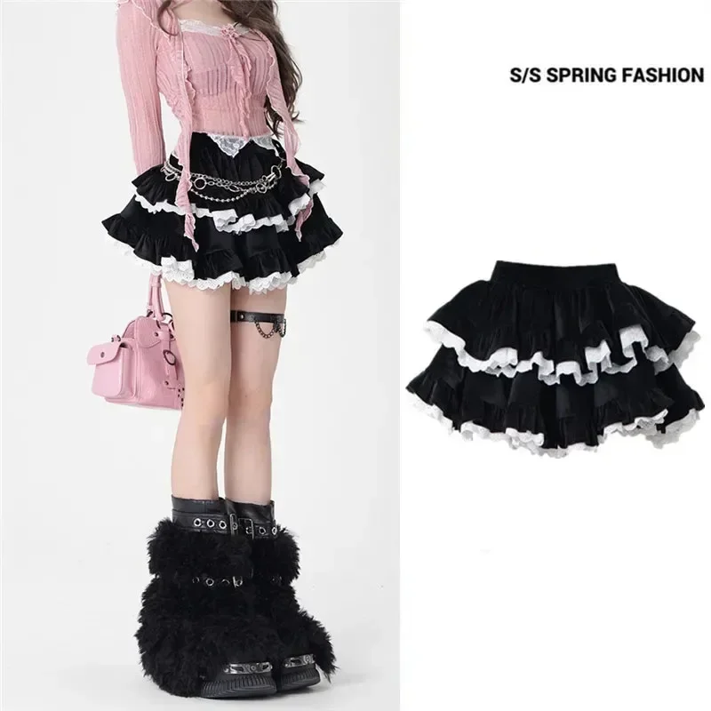 Black Ballet Cake Skirt Corduroy Ruffle Edge Fold Stitching Design Women's Fluffy Skirt Sweet Korean Fashion American Y2k Fall