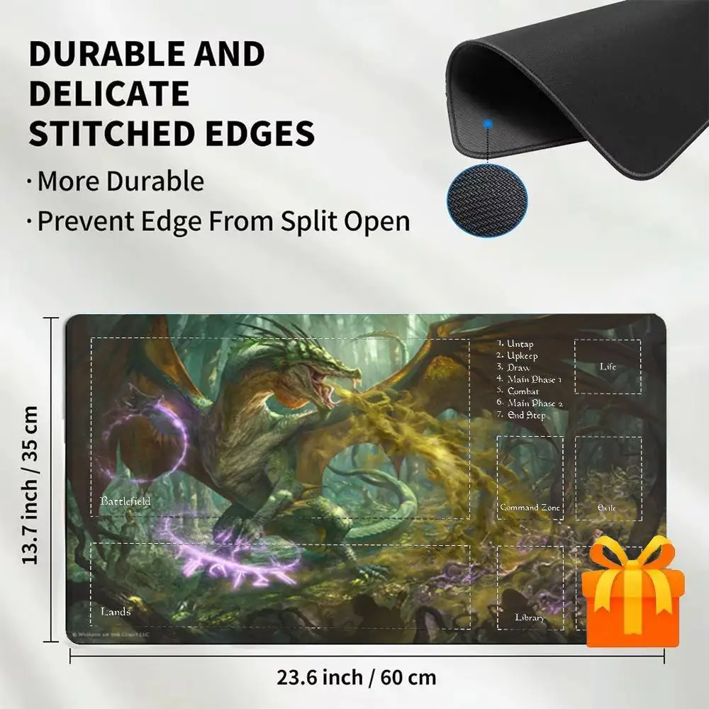 Green Flame Dragon Zoned TCG Playmat Large Desk Mat Mouse Pad Mousepad Non‑Slip Rubber Base Table Mat For MTG Trading Card Game