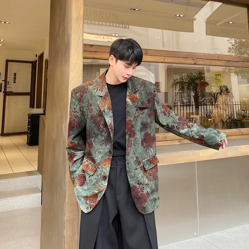 Men Flower Vintage Flocked Loose Casual Blazers Suit Jacket Women Streetwear Fashion Oversized Suits Coat Host Clothes