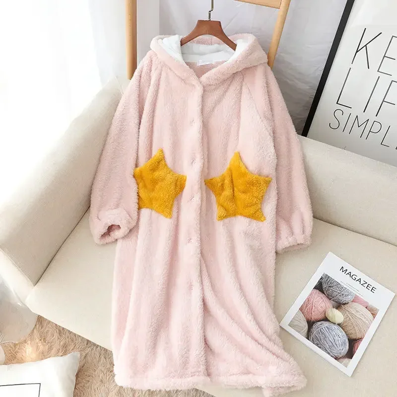 

Зимний теплый халат, женский коралловый флис, кимоно, халат, плотная милая ночная рубашка, одежда для сна с капюшоном, банный халат, домашний халат