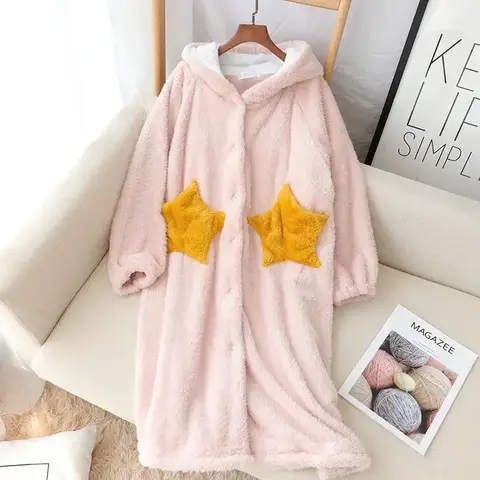 Winter Warm Robe Women Coral Fleece Kimono Bathrobe Gown Thick Cute Nightwear Hooded Sleepwear Bath Robe Home Dressing Gown
