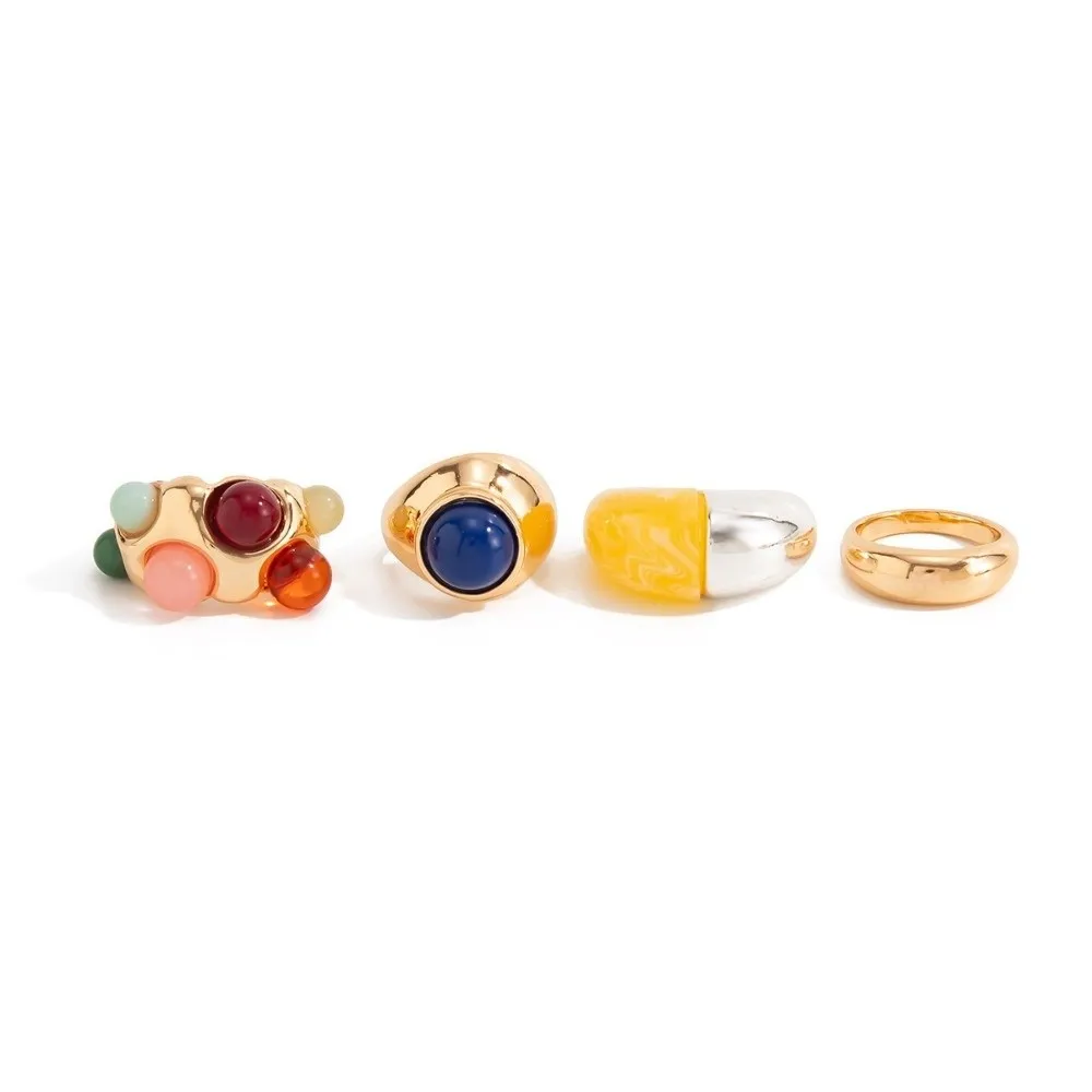 4Pcs/set Vintage Color Resin Gemstone Ring Glossy Metal Surface Polish Surface Bead Inlay Ring Resin Bead Inlay Multi-Color