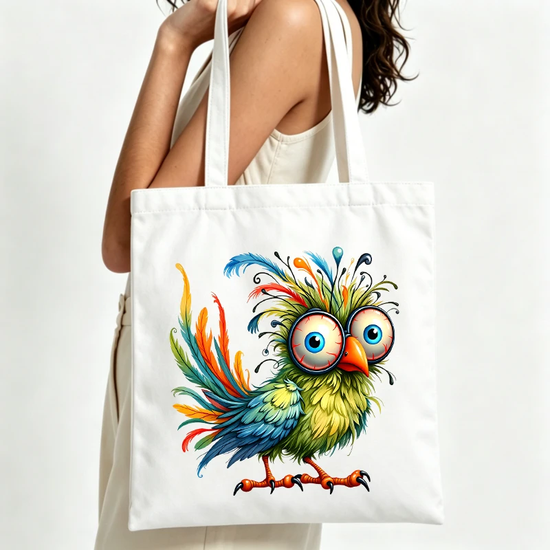 Wome's colorful bird graphic canvas tote bag, artistic print for casual daily use and summer outings