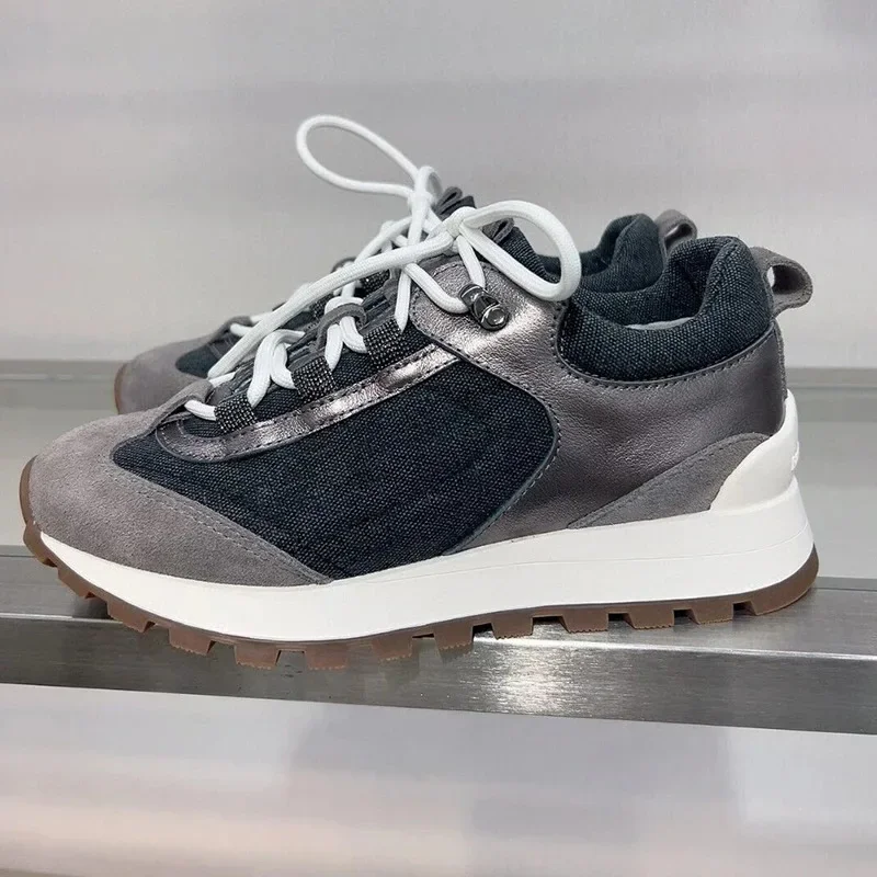 

Женские туфли на плоской подошве со шнуровкой и бусинами, разноцветные повседневные туфли с вентиляцией и толстой подошвой, универсальные кроссовки на четыре сезона