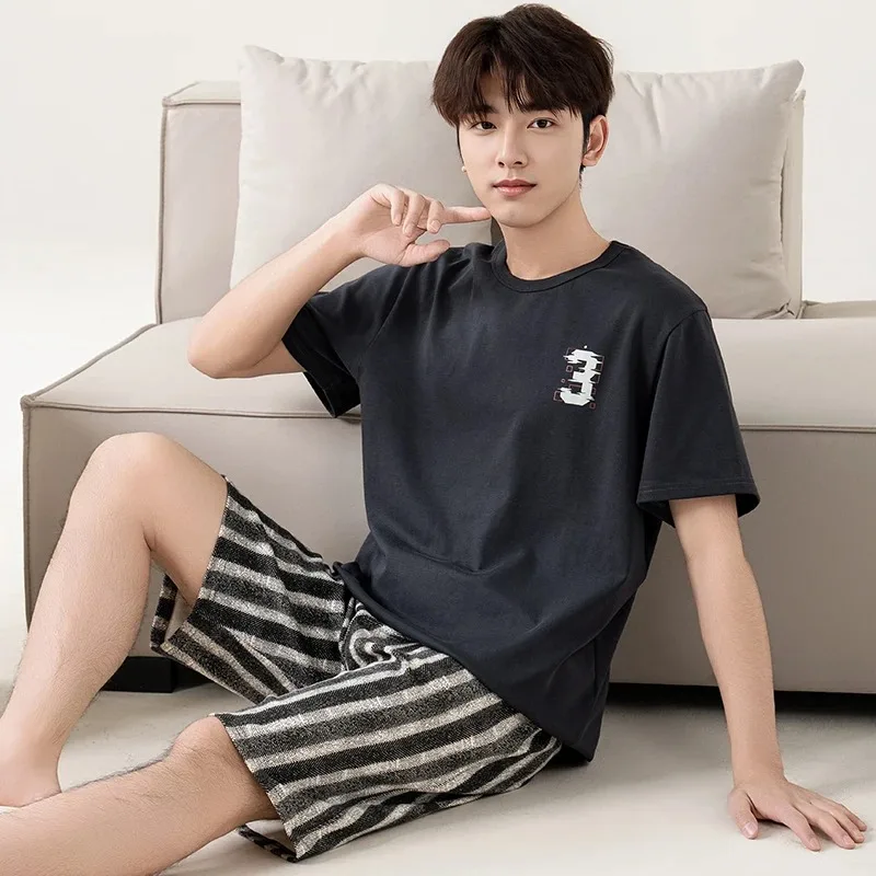 Ensemble de pyjamas d\'été en coton pour hommes, vêtements de nuit courts, pantalons en Y, vêtements de nuit décontractés pour hommes, 2 pièces