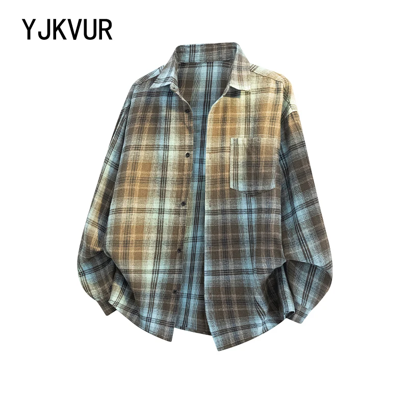 YJKVUR High Standard 2025 Spring New Super Loose Plaid Shirts Men Chest Pocket Washed Vintage Fabric Casual Check Shirts