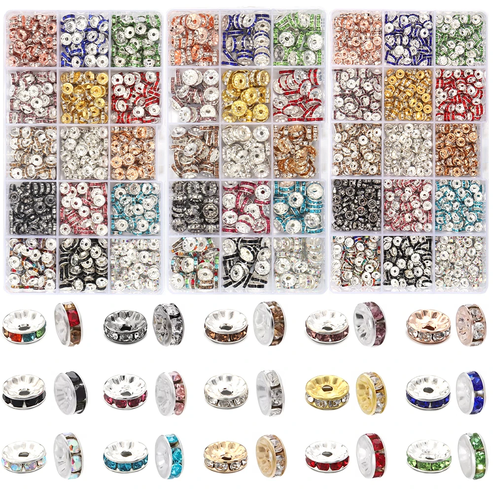 1Box 1200/900/450pcs 6/8/10mm Rhinestone Rondelle Crystal Round Loose Spacer Beads Set for DIY Jewelry Making Accessories Kits