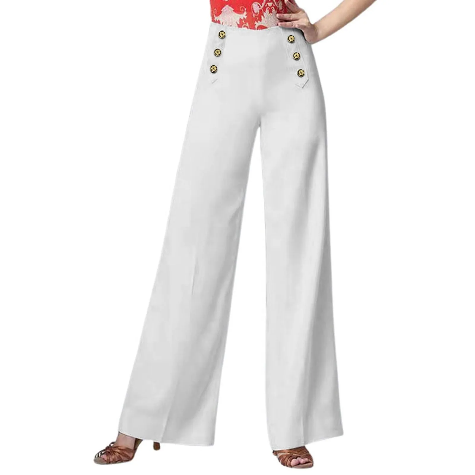 

Women's Cotton And Linen Loose Casual Elastic Long Trousers High Waist With Button Basic Casual And Versatile Wide Leg Pants