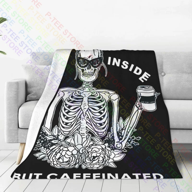 Dead Inside But Caffeinated Skeleton Flower Blanket Warmth Thicken Anti-Pilling Faux Fur Throw Camping Blanket