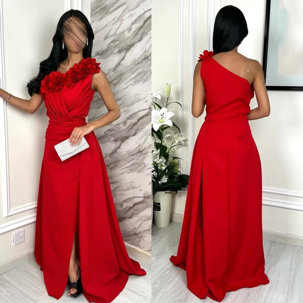 Customized Exquisite Jersey Flower Pleat Draped A-line One-shoulder Long Dresses Bespoke Occasion Dresses Formal Fashion