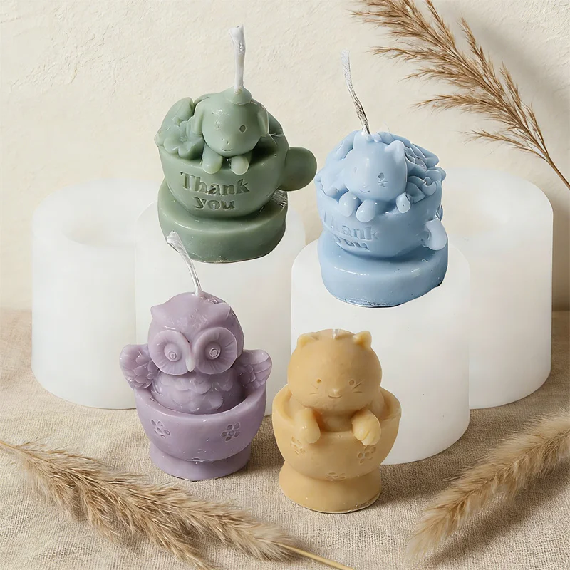 3D Mini Hund Katze Becher Silikonform für DIY Muffinbecher Duftkerzenherstellung Gips Harz Kunst Deko Eule Katze Statue Gießform
