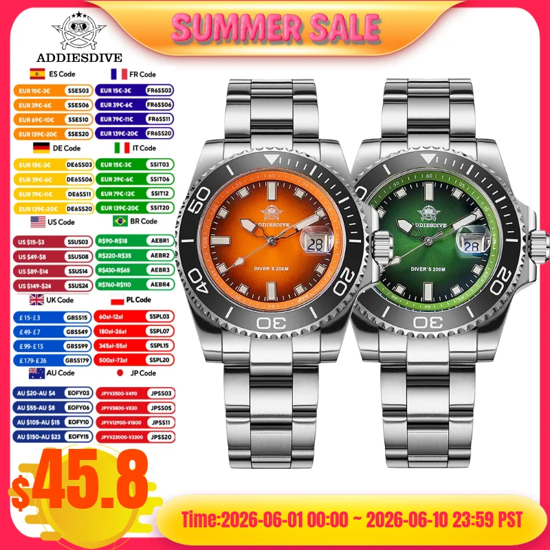 

ADDIESDIVE Luxury Fashion Men Clock 200m Waterproof Luminous Stainless Steel Luminous Quartz Watches Ceramic Bezel Reloj hombre