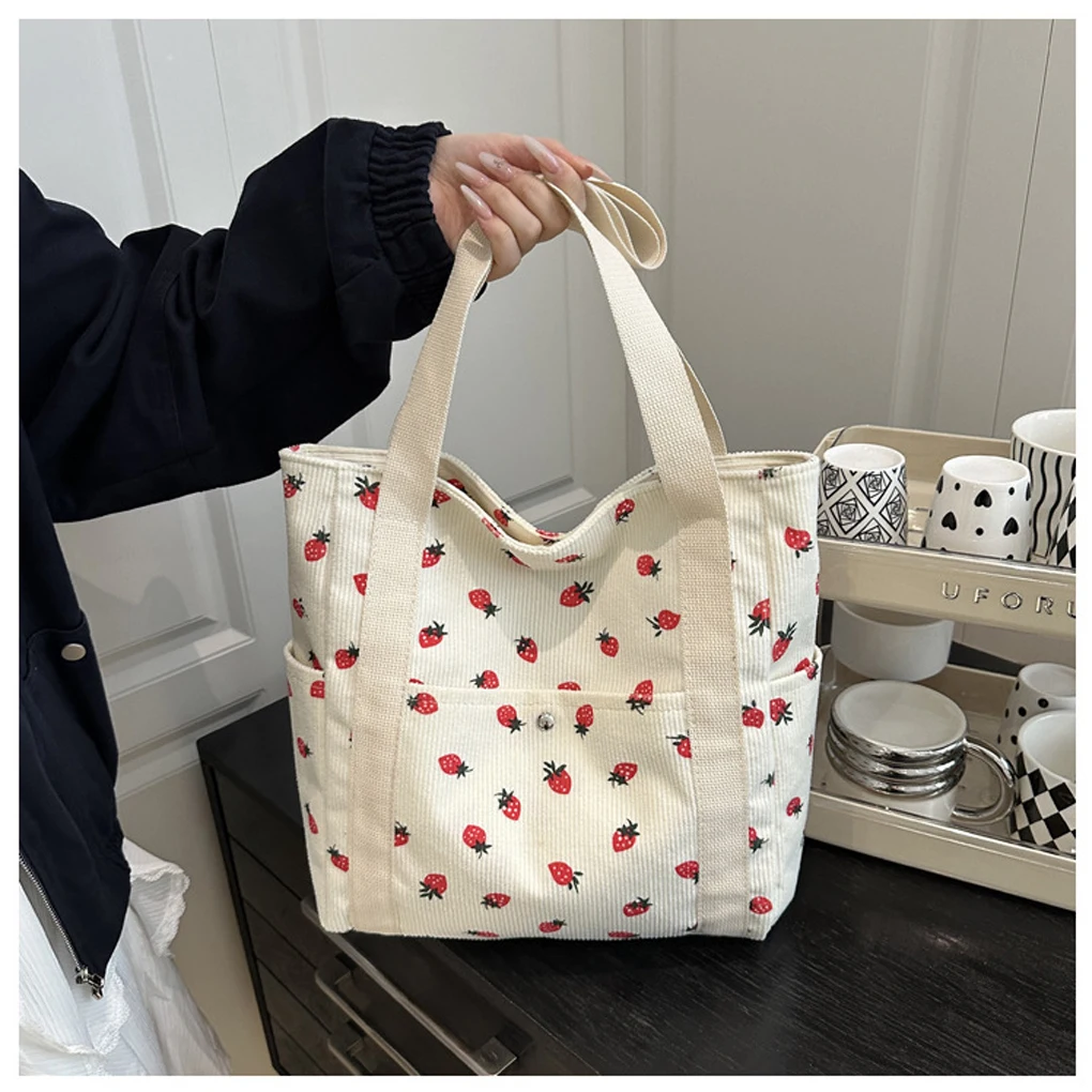 

Corduroy Handbag Strawberries Beach Bag Fashionable Versatile Shoulder Bag LargeCapacity Simple Commuter Women’s Tote Bag Bolsos
