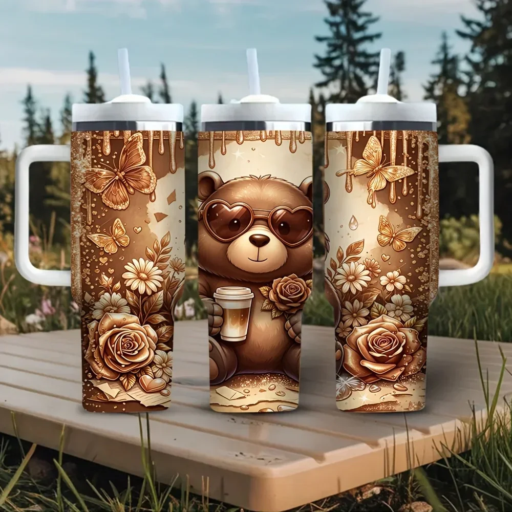 40Oz Tumbler with Handle, Cute Brown Bear Butterfly Rose Printed Cup Suitable for Women, Fits Hot And Cold Drinks, Ideal for Daily Use Outdoor Trips And Camping All Year Round