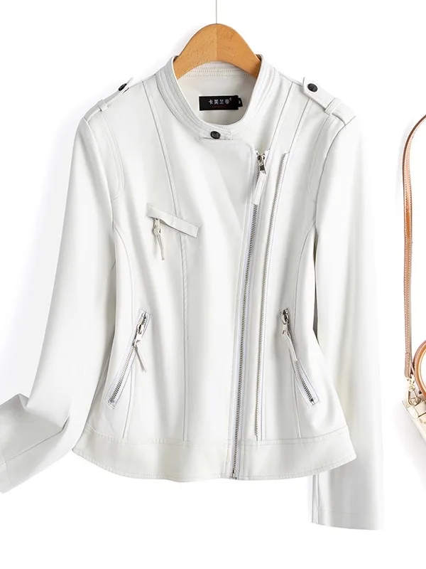   Giacca da moto da donna in vera pelle di pecora, nera, con collo alto, nuova collezione autunno 2025