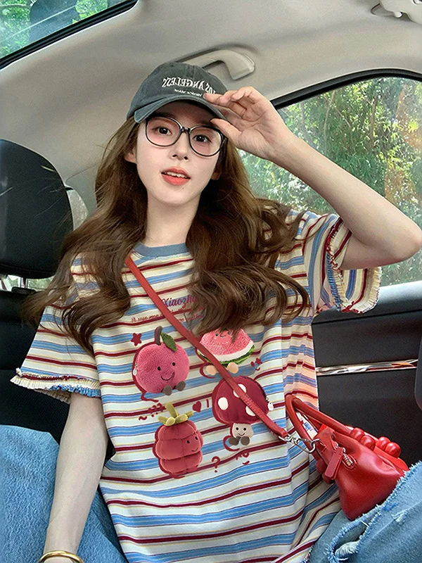 Summer New Style American Ruffle Striped Short Sleeve T-Shirt Women's Loose Age-Defying Top Trendy Cotton Pure Polyester Fiber