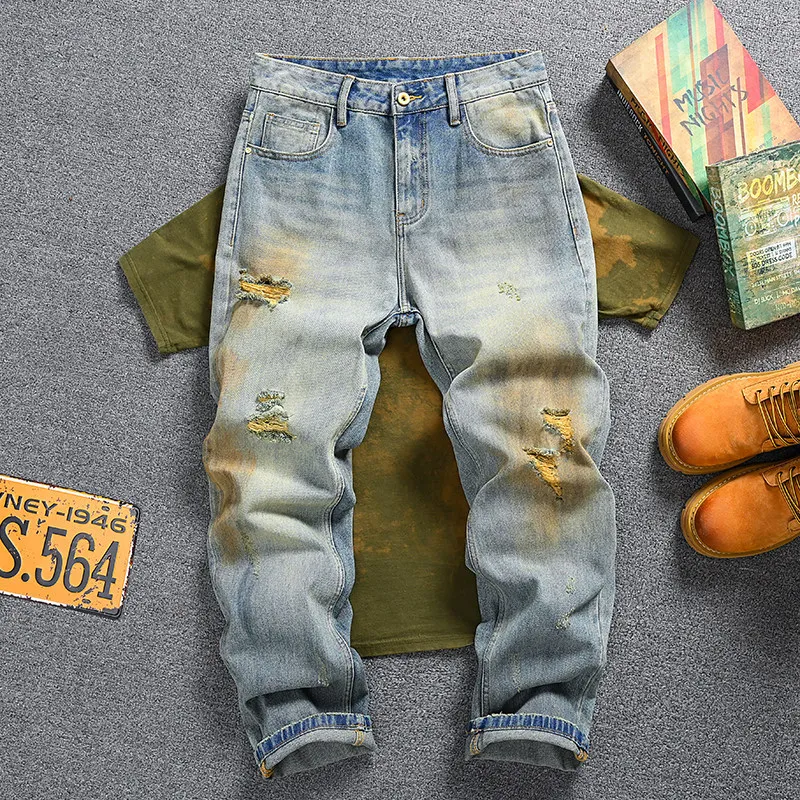 Mens Vintage Distressed Ripped Denim Jeans American Style Loose Straight Yellow Mud Wash Trendy Trousers