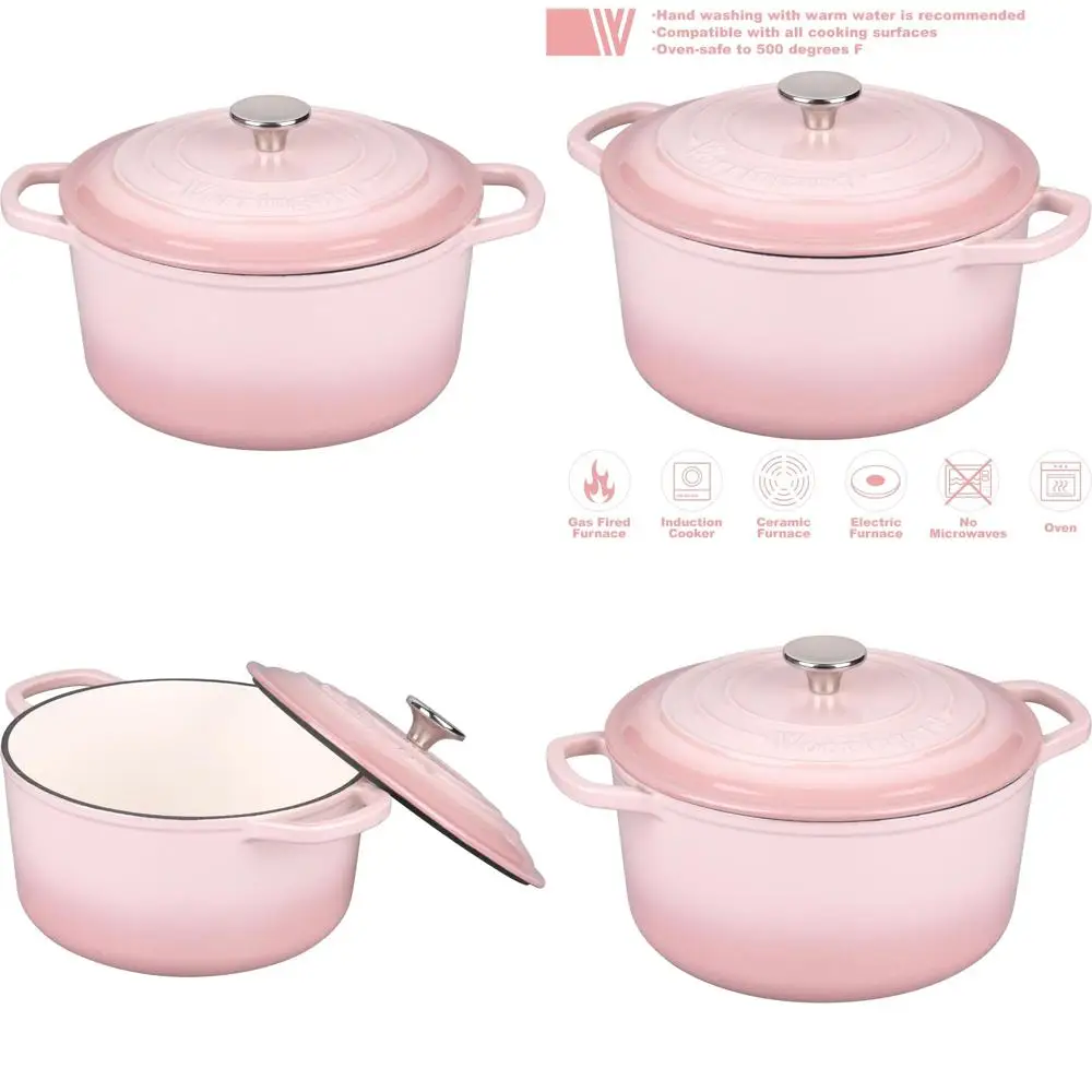 

Pink 6 Quart Round Enamel Cast Iron Dutch Oven Pot with Lid for Sourdough Bread Baking and Baking Enthusiasts