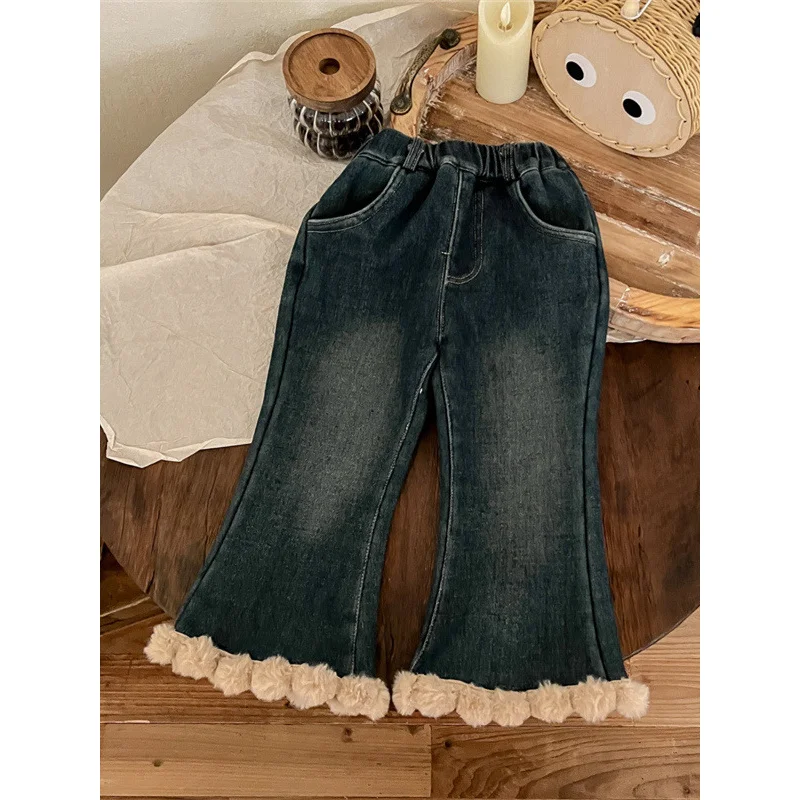 

Girls' Jeans Autumn and Winter Clothing2024New Fashionable Fleece-Lined Trousers Winter Children's Wide-Leg Pants