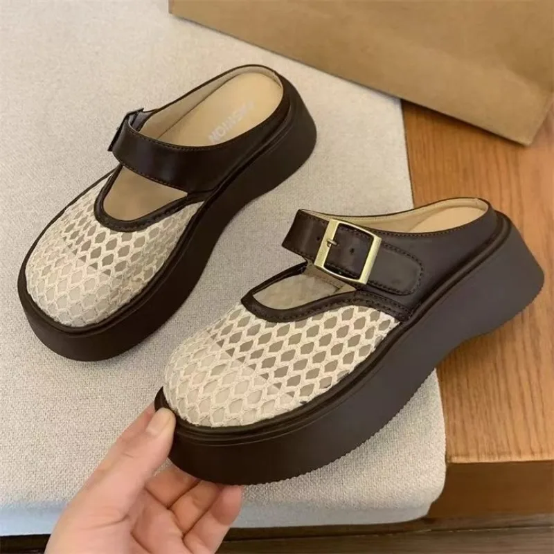 Women Hollow Mesh Mary Jane Mules,Chunky PlatformSlip‑on Slippers, Buckle Closed Toe Backless Sandals Summer Casual Ladies Shoes