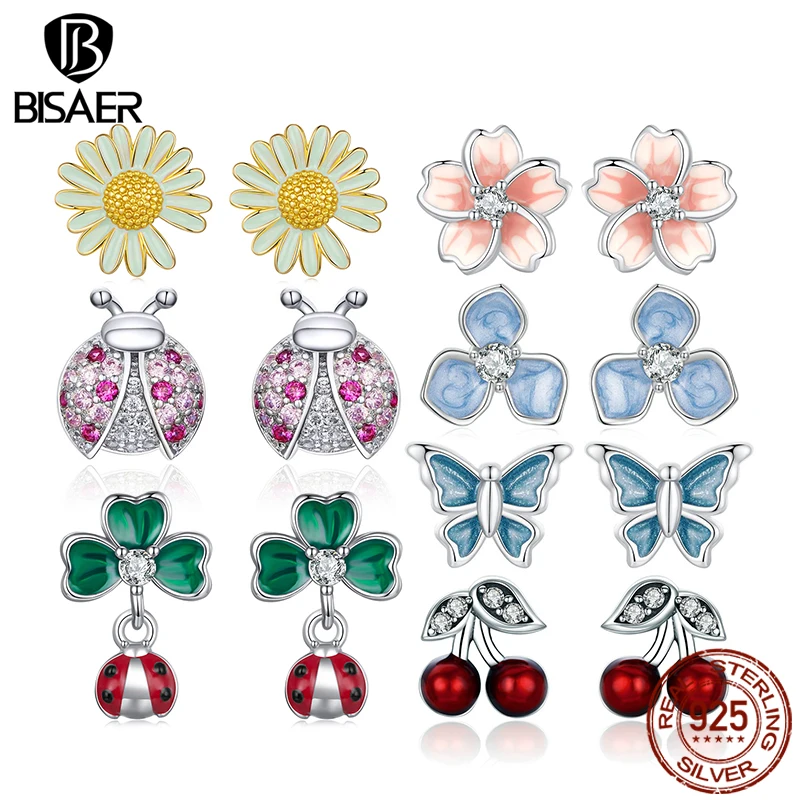 

BISAER 925 Sterling Silver Four-leaf Clover Ladybug Stud Butterfly Daisies Stud Ear Plated Gold For Women Party Fine Jewelry