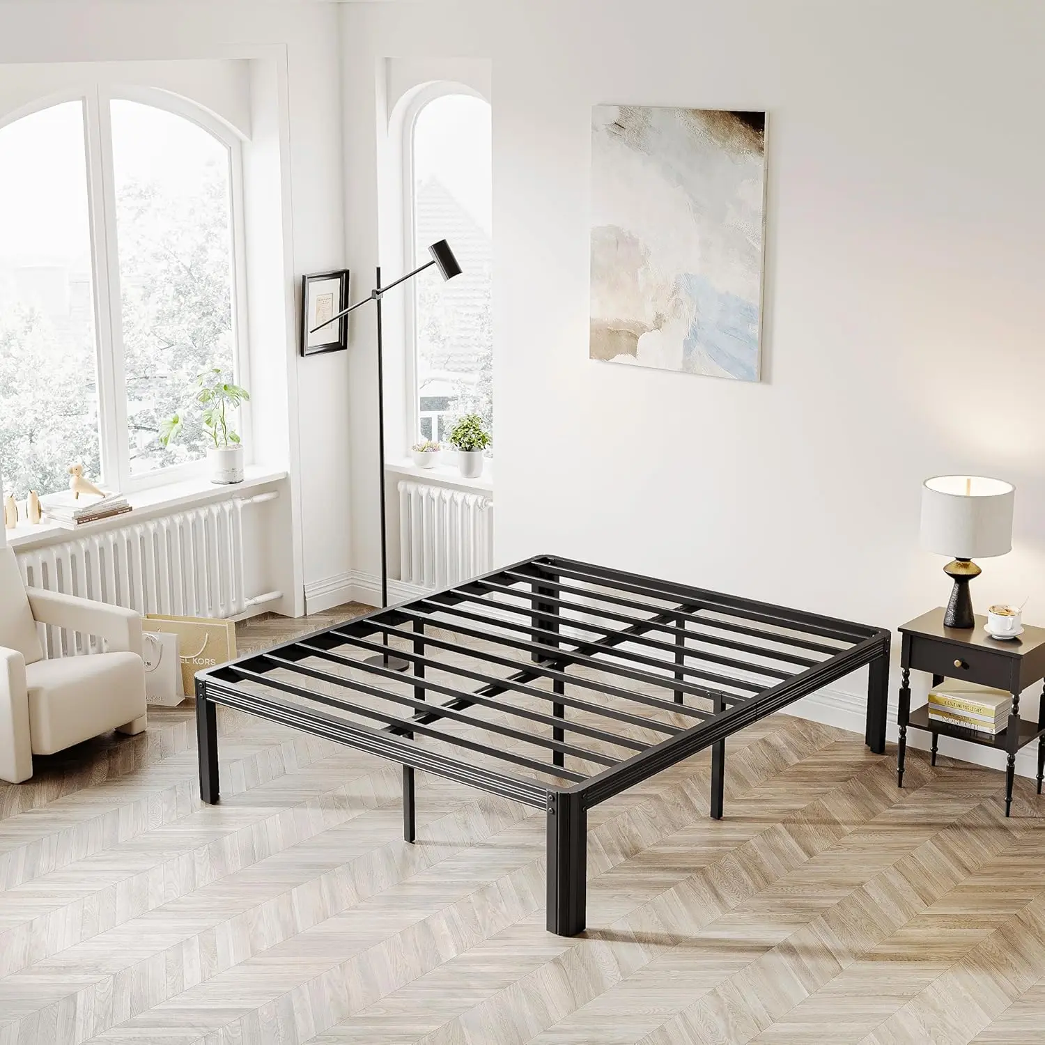 18 Inch Queen Bed Frame with Round-Corner Leg, No Box Spring Needed, Heavy Duty Metal Platform Bed-Frame, Noise Free Ma