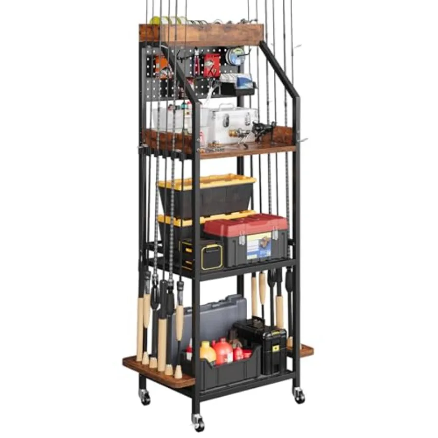 

Fishing Rod Holder for Garage with Hooks Pegboard 3-Tier Fishing Pole Rack Holds 12 Rods Rolling Storage Organizer with Wooden