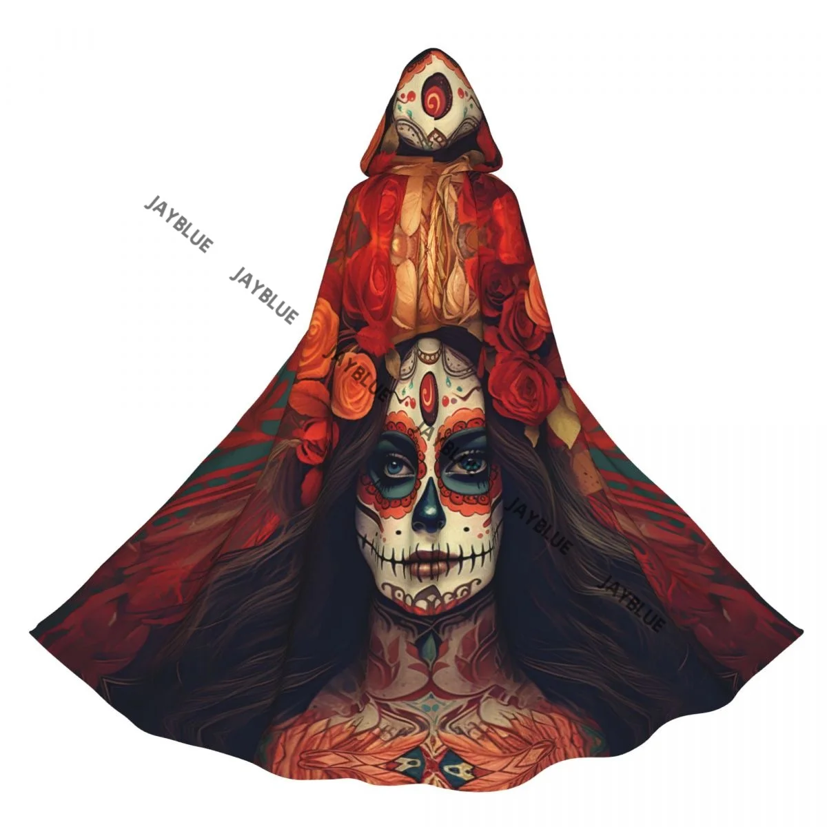 Mexican Skull Calavera Illustration Hooded Cloak Polyester Unisex Witch Cape Costume Accessory