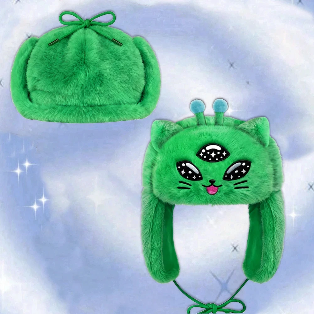 Winter Warm Plush Green Alien Cat Hat Cute Earflap Cap Funny Eyes Design for Cold Weather Cosplay Daily Wear Outdoor Activities