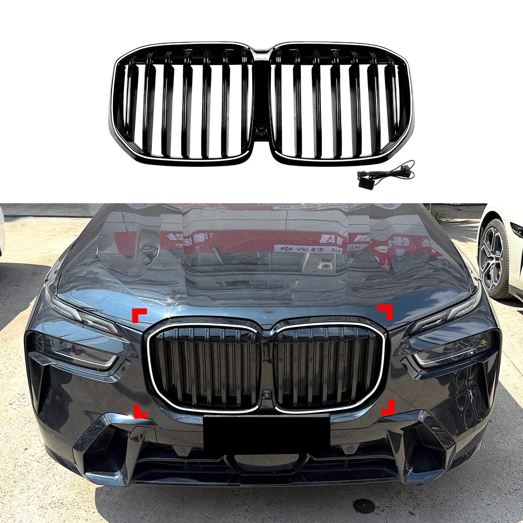 2023 To Up For BMW X7 G07 LCI One Line Style LED Light Lamp Grille Racing Grill Car Upper Bumper Hood Mesh Grid Gloss Black ABS