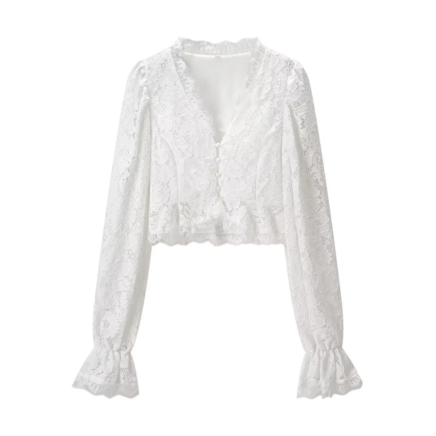 Elegantes Set aus Spitzen-Maxirock und Bluse für Damen, Vintage-Stil, einreihig, ausgestellte Ärmel, V-Ausschnitt, schlanke Bluse, Party-Outfit für Damen – Detail 5