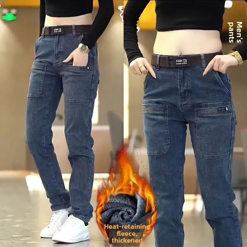 ملابس العمل الرجالية مبطنة بالصوف فضفاضة مستقيمة الساق جينز غير رسمي متعدد الجيوب بخصر مطاطي للخريف والشتاء على طراز المدينة