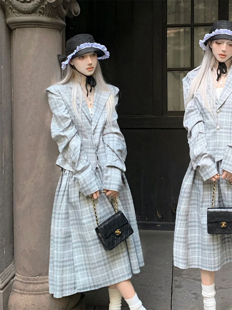 

Костюм в стиле ретро с клетчатым узором: пиджак и юбка с высокой талией для пышных девушек, осенне-зимняя мода, большие размеры