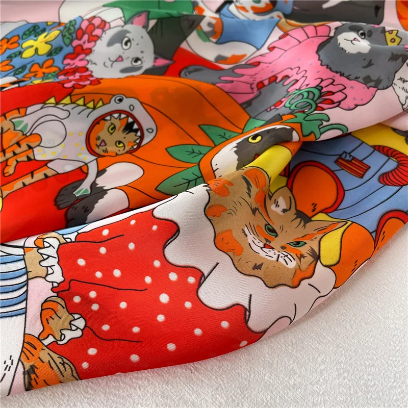 Cartoon Cat Square Imitation Silk Scarf Spring and Summer Head Wrap For Women Multifunction  Neckerchief