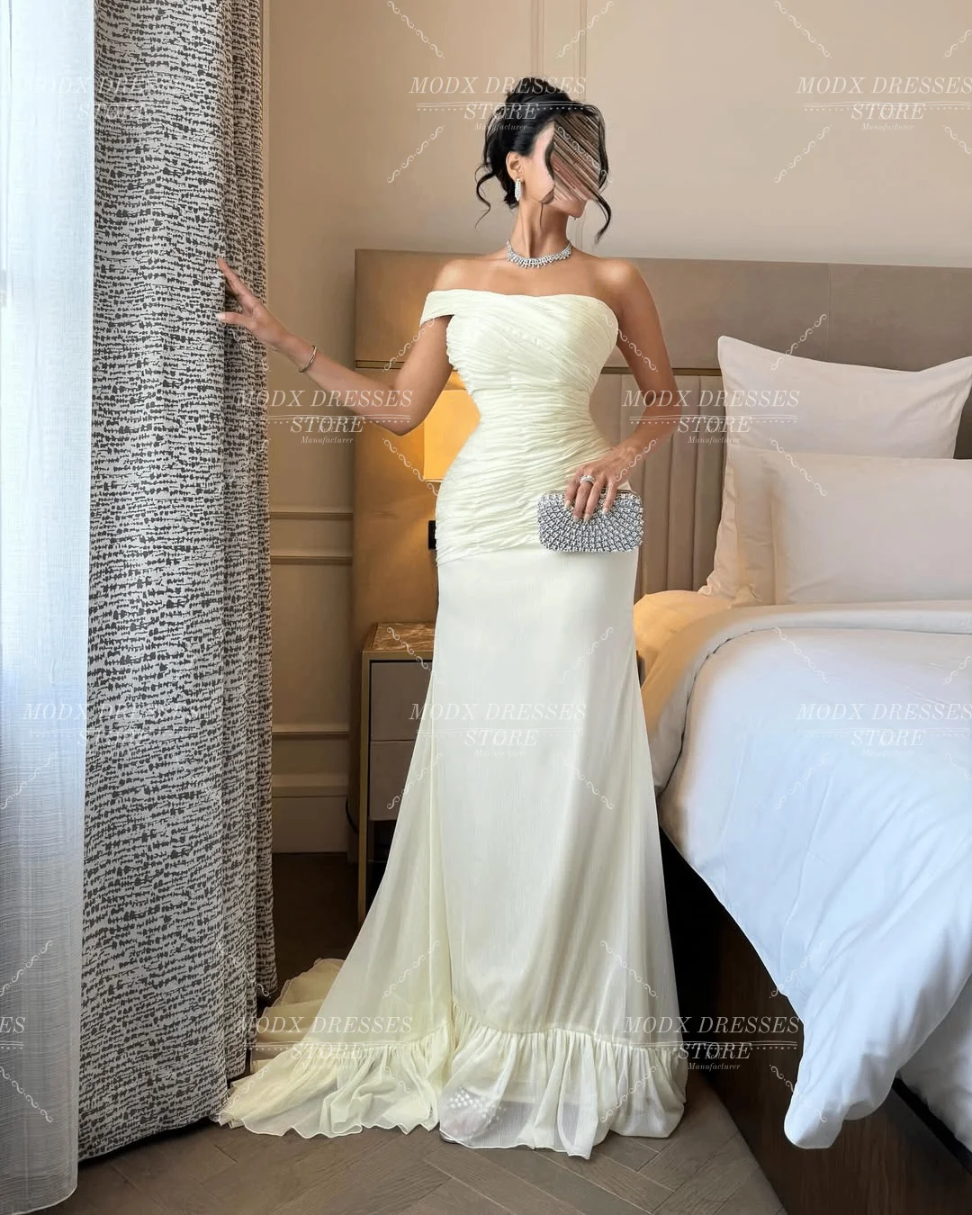 فساتين سهرة عربية أنيقة باللون الأصفر الفاتح من MODX شيفون مخصصة بدون أكمام للنساء فستان رسمي للمشاهير Quincean