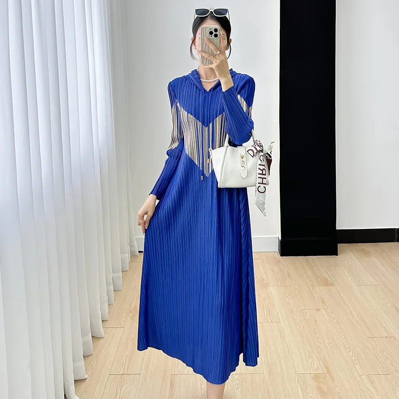 Miyake Dress Women's Fall 2023 New Fashion Colorblock Print Tall Slim Fold Long Dresses Women's Clothing