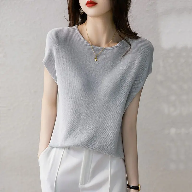 2023 Spring Summer O Neck Short Sleeve Office Lady Korean Style Solid Color Pullover Button Loose Fashion Popularity Wild Tee