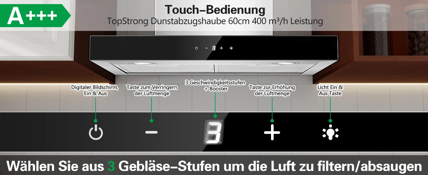 Topstrong 60 cm Wandmontage, 400 m3/h A+++, LED-Touch-Control-Abluftventilator aus Edelstahl, leise, 52 dB, Küchenhaube – Detail 2
