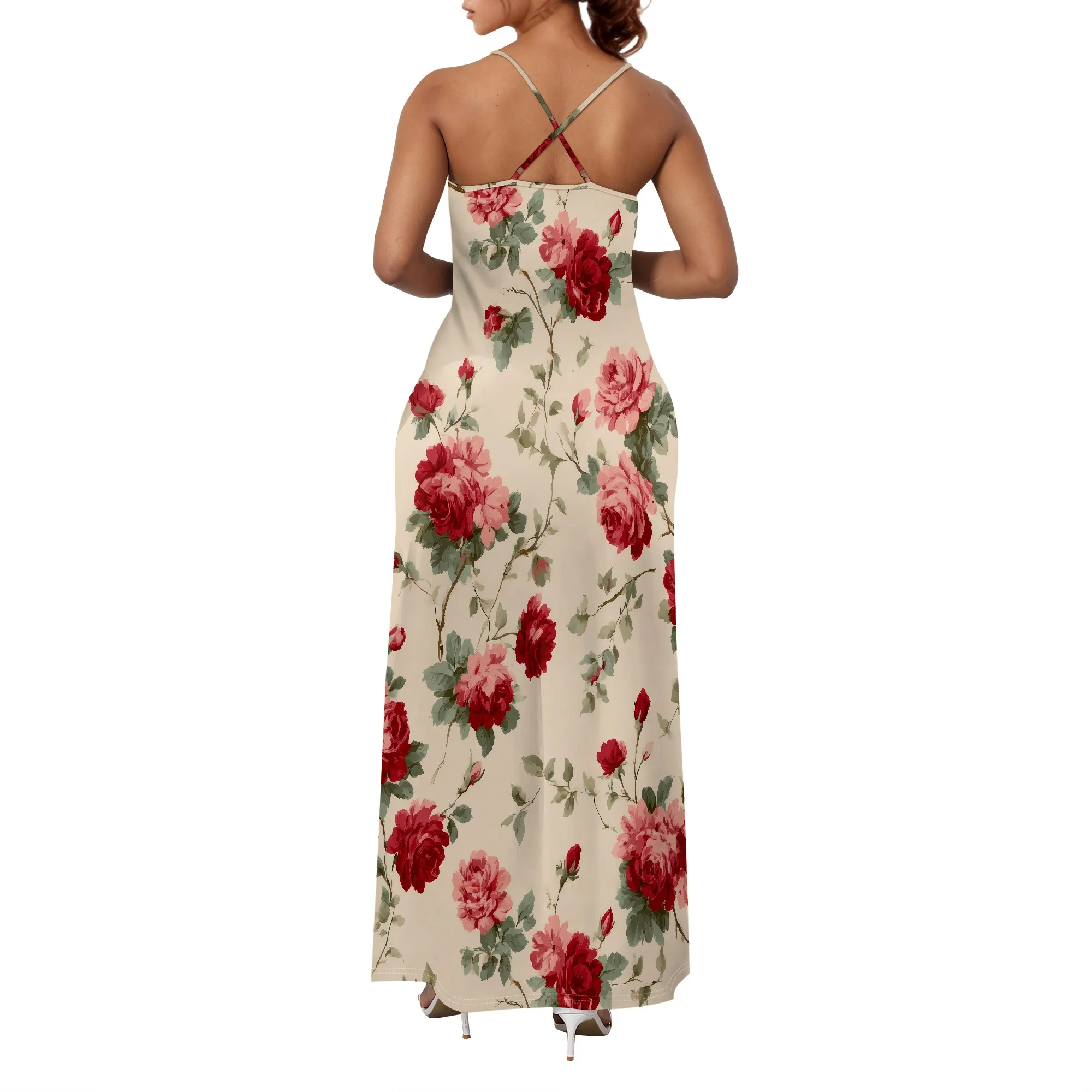 Retro สีชมพูกุหลาบสปาเก็ตตี้ชุดผู้หญิงฤดูร้อนสบายๆ V คอยาว Maxi Dress Sundress