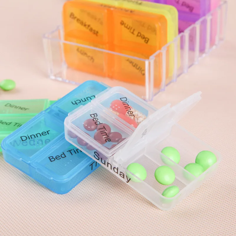 Portable Weekly 7 Days Pill Box Colorful Design Stackable 4 Times a Day Medicine Storage Dispenser/Plastic Pill Organizer Boxs