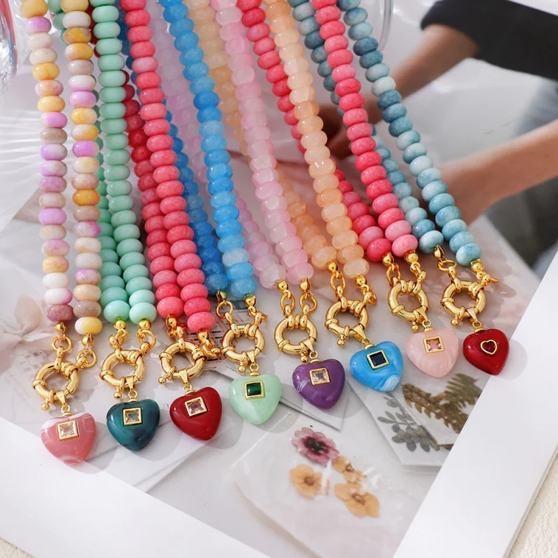 Jade Flat Bead Heart-Shaped Square Diamond Pendant with Wheel Clasp Beaded Necklace