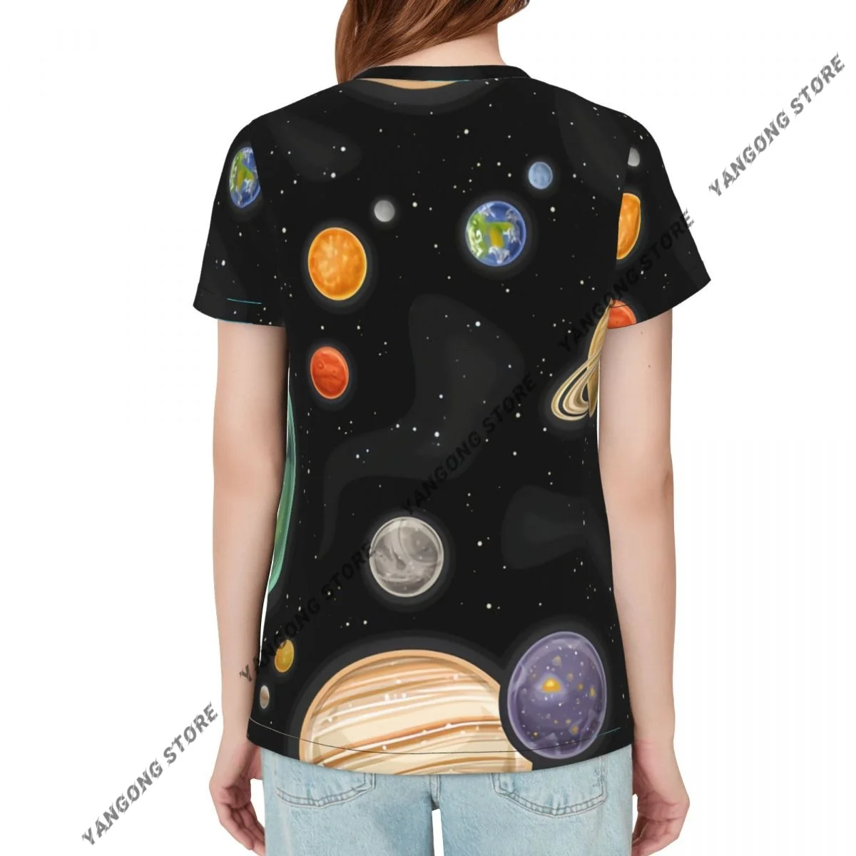 Women Short Sleeve Top Space Planets And Stars T-shirt Fashion Summer Female Tops Loose Round Neck T Shirt