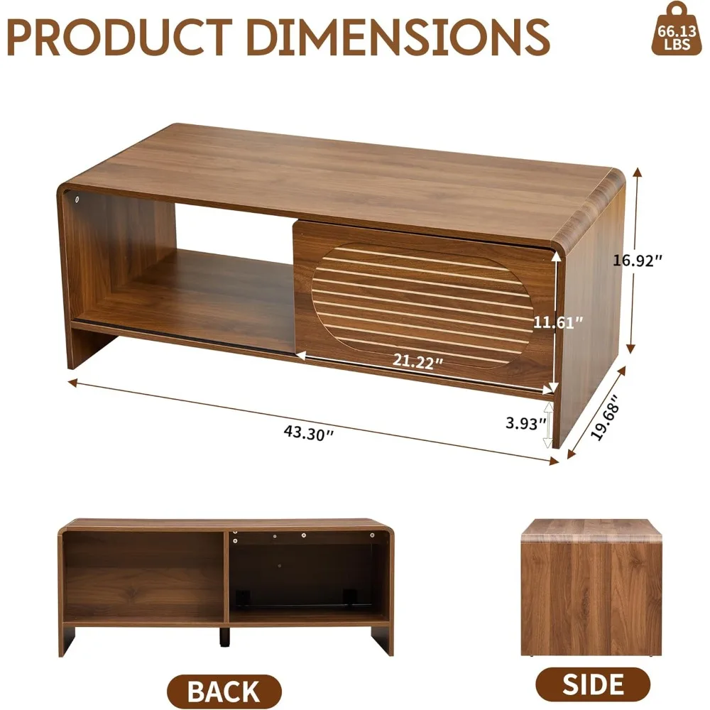 طاولة قهوة حديثة للتخزين في منتصف القرن مع باب منزلق، تصميم خشبي منحني، قطعة مركزية على طراز المزرعة #2