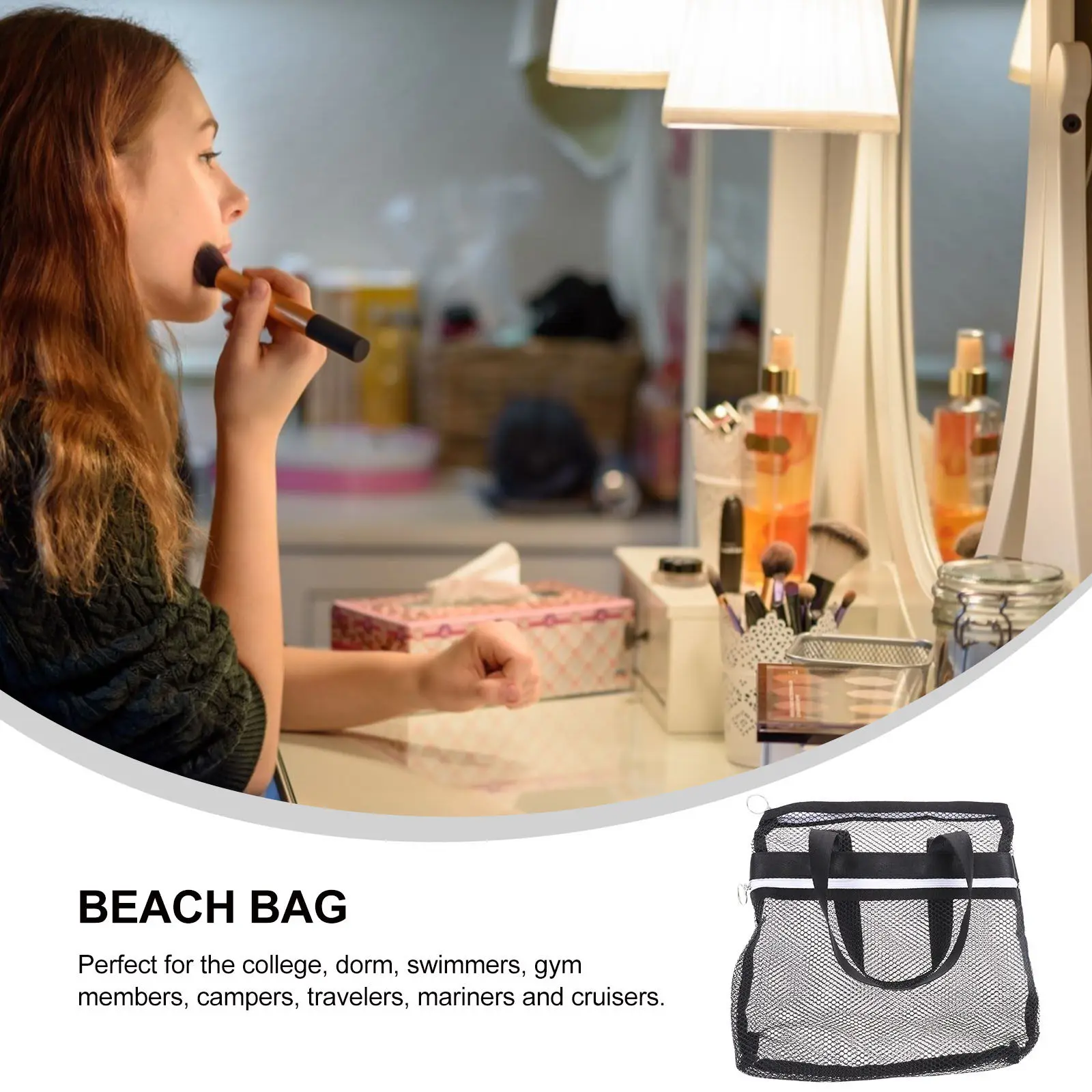 Portable Mesh Beach Bag Travel Toiletry Pouch Compact Stylish Easy-Carry Handle for Underwear Socks Storage Dorm Travel