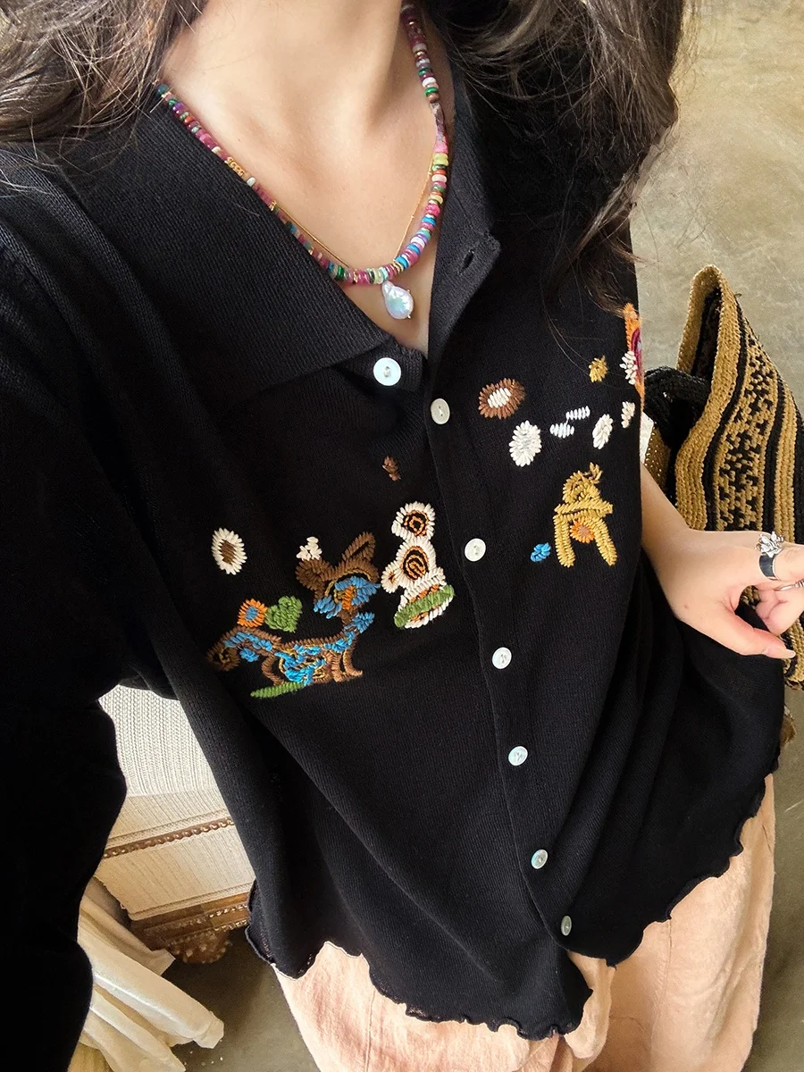 

Korean Style Embroidery Casual Turn-down Collar Cuffed Sweater Versatile Fashionable Loose Fit Soft Cotton Women's Top