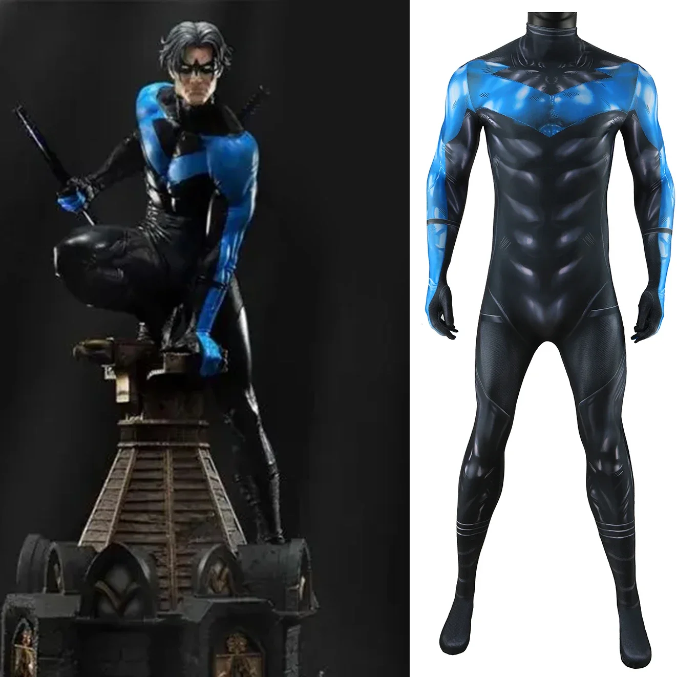 Blue Night Wing Cosplay Superhero Printed Spandex Zentai BodySuit Dick Grayson Costume Night Wing Outfit Halloween Costume Adult