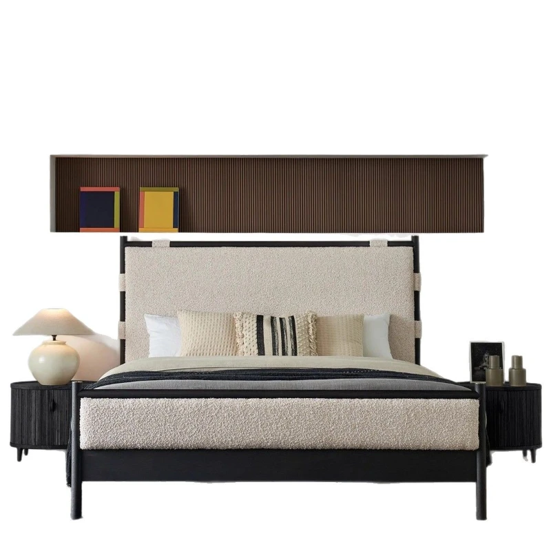 سرير من الخشب الصلب لغرفة النوم، سرير مزدوج من خشب البلوط بطول 1.8 متر، مسند ظهر عالي القدم، سرير غرفة نوم رئيسية من القماش