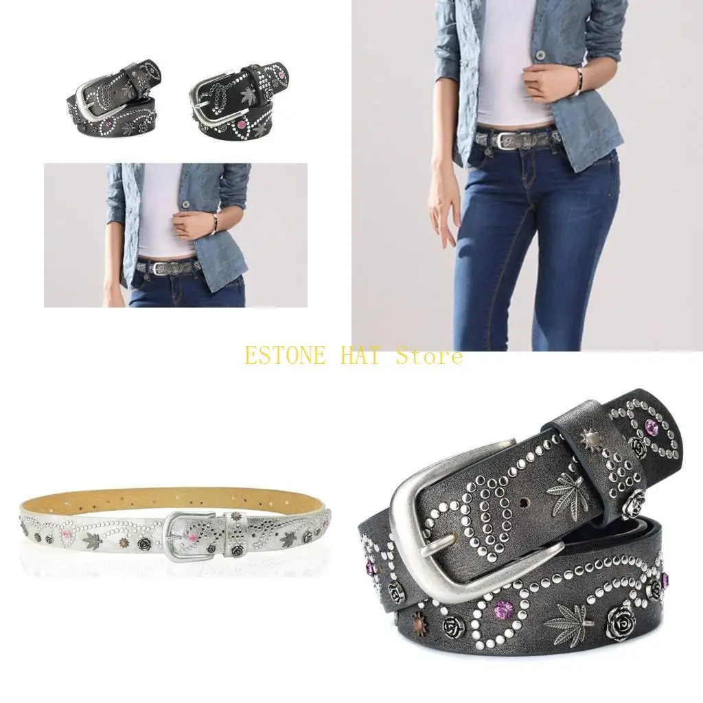 49MF Delicate Alloy Rivet Waist Belts for Jeans PU Belt for Woman Cowboy Cowgirl Teens Female Jeans Skirt Waistband