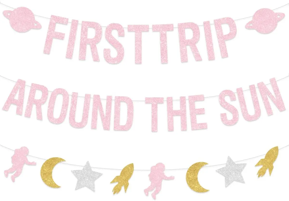 

JOYMEMO Pink First Trip Around The Sun Banner Space Theme 1st Birthday Party Decorations for Girls Astronaut Planets Garland