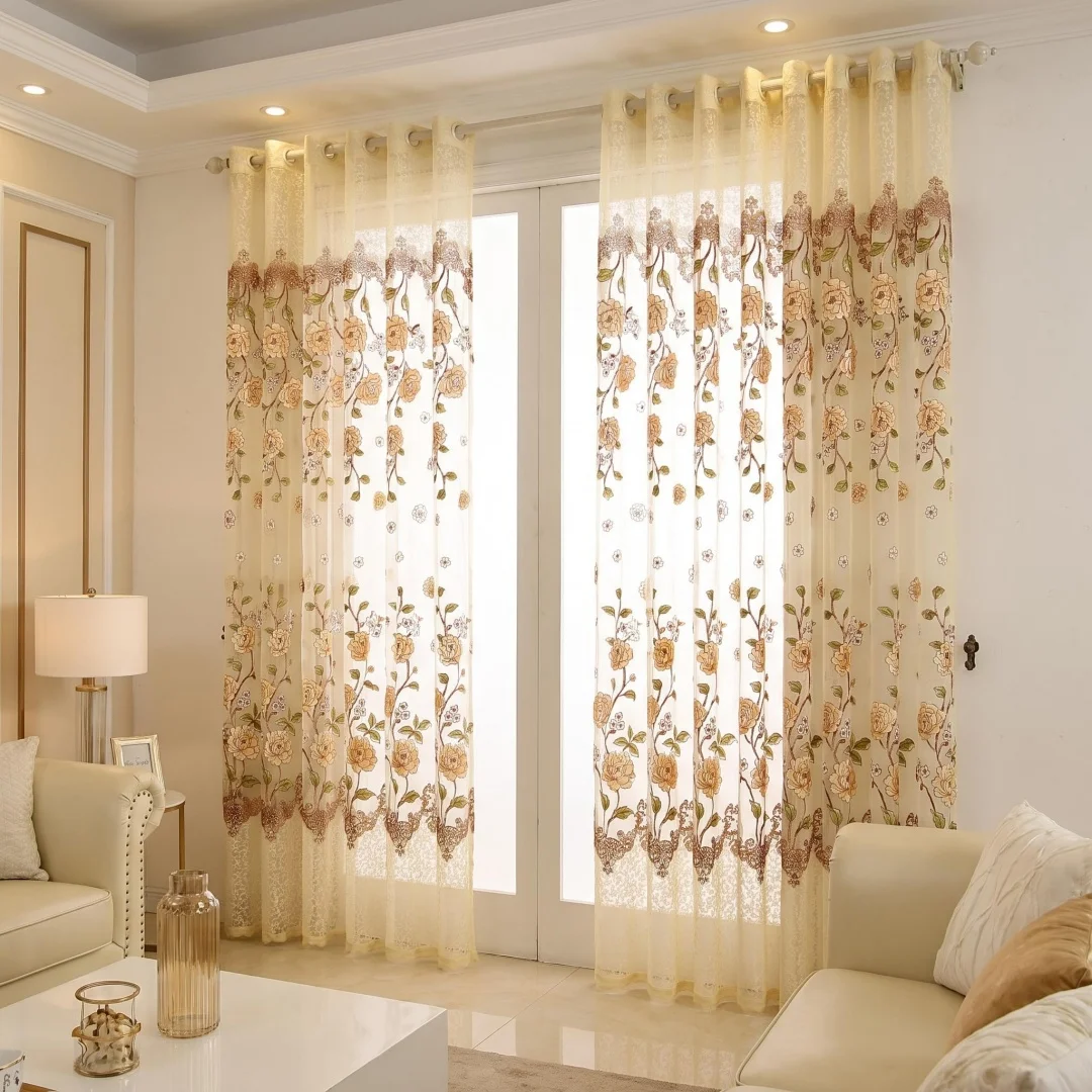French Pastoral Rose Embroidered Sheer Curtain, Light Filtering Voile Window Drapes for Living Room Bedroom Home Decor